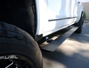 Chevrolet Silverado 3500 Electric Running Boards - Driver + Passenger Side - Go Rhino - VoltStep E1, Dual-Motor, LED, Magnetically-Activated - Textured Black - `15-`19